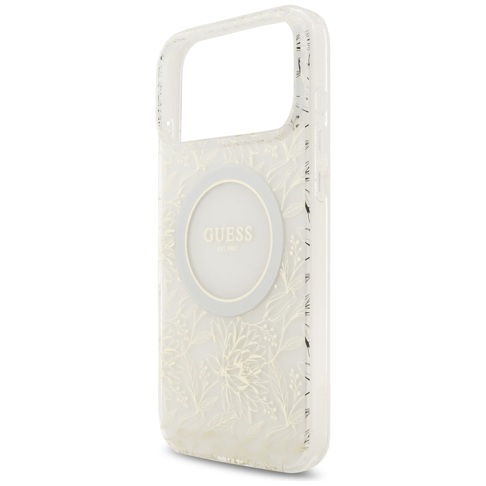 Θήκη MagSafe για Apple iPhone 17 Pro Max, Guess, IML Flowers Allover Electroplated with Pearl Strap, Λευκή