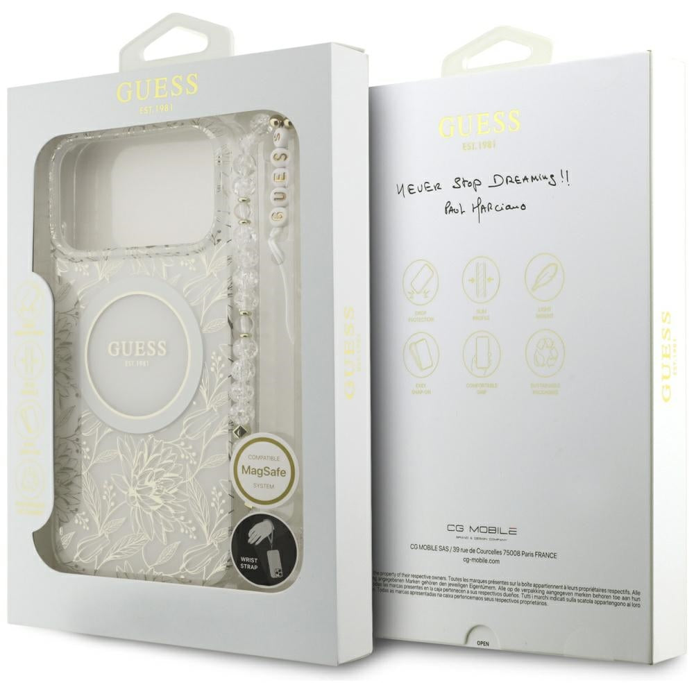 Θήκη MagSafe για Apple iPhone 17 Pro Max, Guess, IML Flowers Allover Electroplated with Pearl Strap, Λευκή