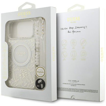 Θήκη MagSafe για Apple iPhone 17 Pro Max, Guess, IML Flowers Allover Electroplated with Pearl Strap, Λευκή
