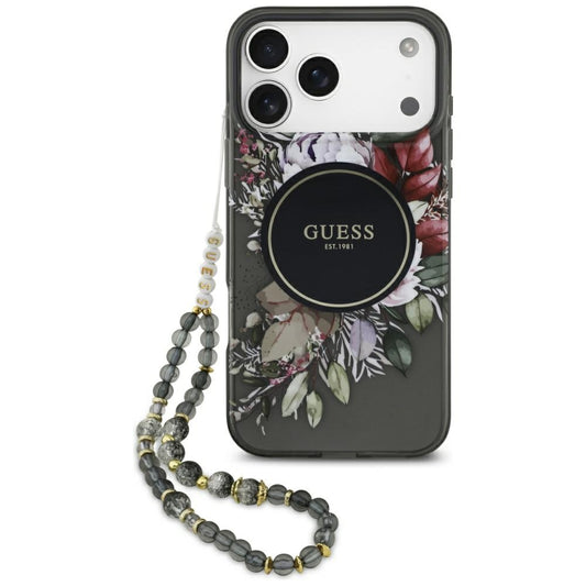 Θήκη MagSafe για Apple iPhone 17 Pro Max, Guess, IML Flowers with Pearl Strap, Μαύρη
