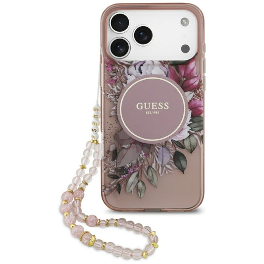 Θήκη MagSafe για Apple iPhone 17 Pro Max, Guess, IML Flowers with Pearl Strap, Ροζ