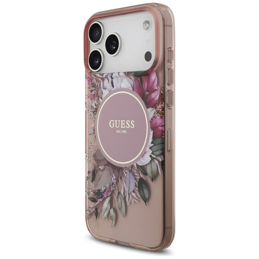 Θήκη MagSafe για Apple iPhone 17 Pro Max, Guess, IML Flowers with Pearl Strap, Ροζ