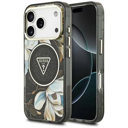 Θήκη MagSafe για Apple iPhone 17 Pro Max, Guess, IML Metal Glitter Flowers Triangle, Μαύρη