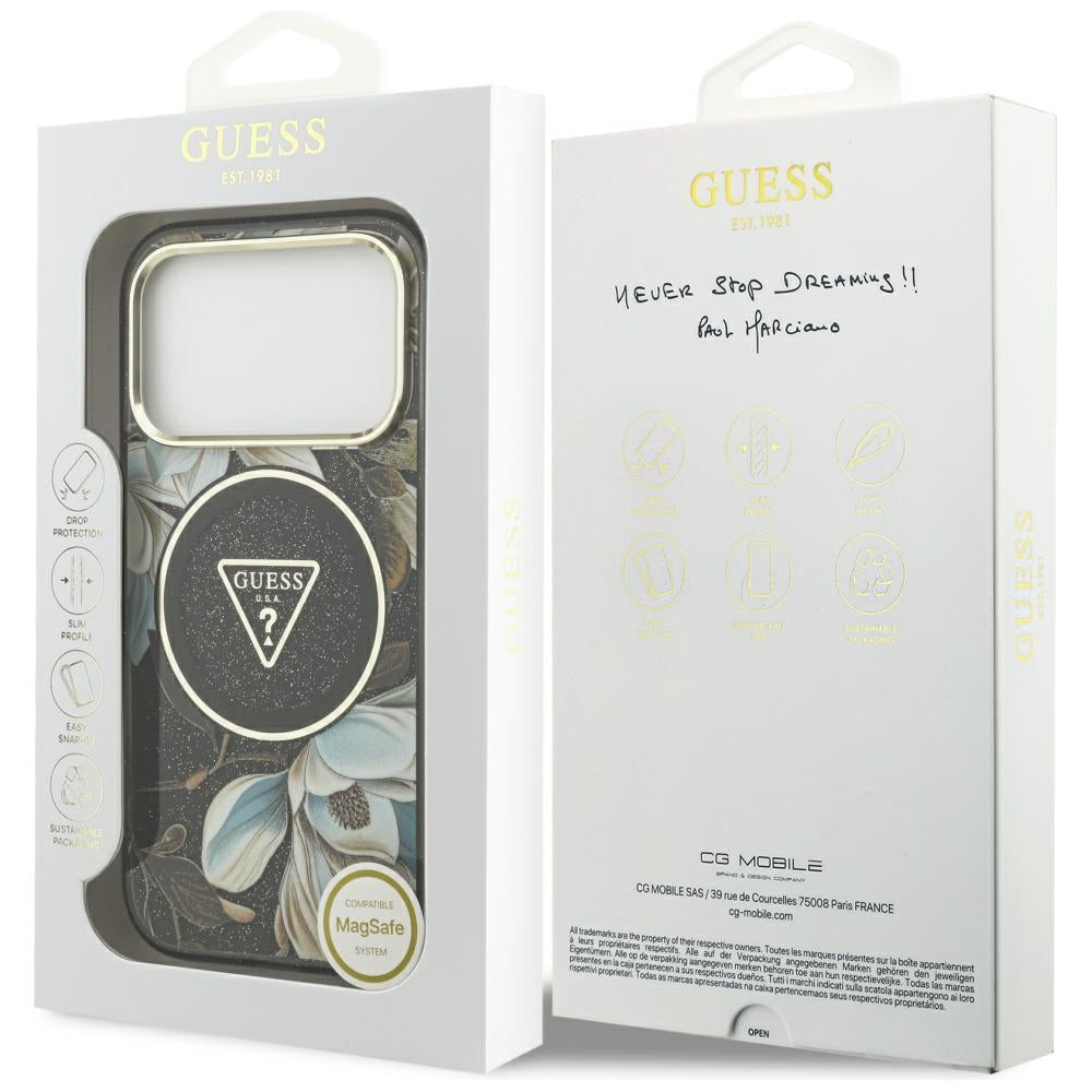 Θήκη MagSafe για Apple iPhone 17 Pro Max, Guess, IML Metal Glitter Flowers Triangle, Μαύρη