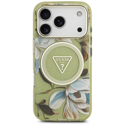 Θήκη MagSafe για Apple iPhone 17 Pro Max, Guess, IML Metal Glitter Flowers Triangle, Πράσινο