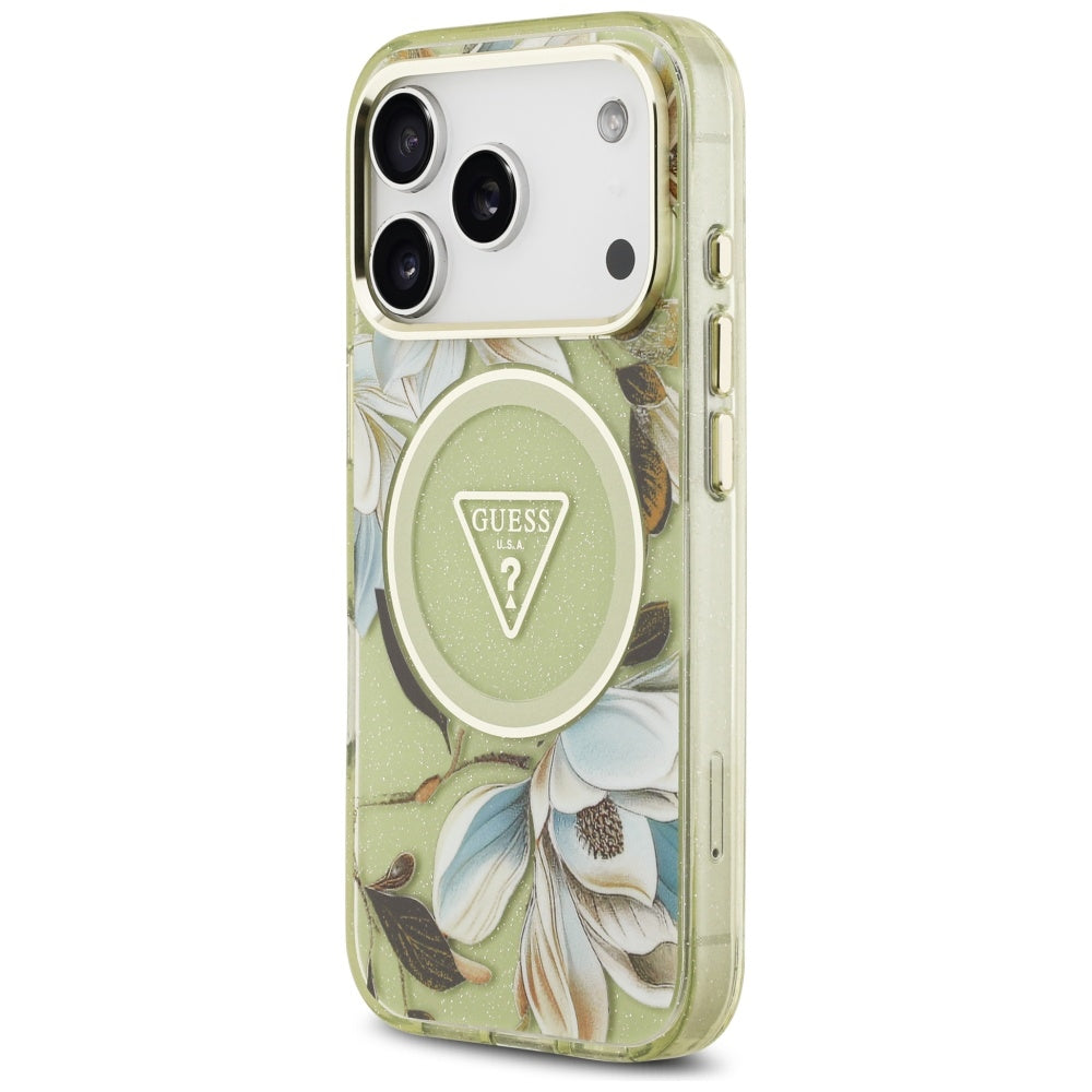 Θήκη MagSafe για Apple iPhone 17 Pro Max, Guess, IML Metal Glitter Flowers Triangle, Πράσινο