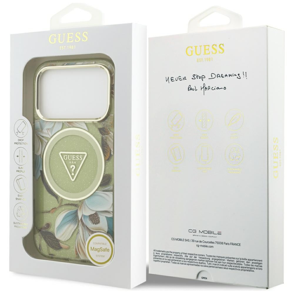 Θήκη MagSafe για Apple iPhone 17 Pro Max, Guess, IML Metal Glitter Flowers Triangle, Πράσινο