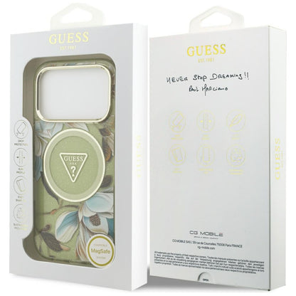 Θήκη MagSafe για Apple iPhone 17 Pro Max, Guess, IML Metal Glitter Flowers Triangle, Πράσινο