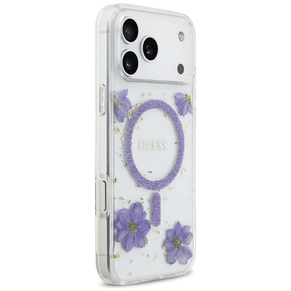Θήκη MagSafe για Apple iPhone 17 Pro Max, Guess, Resin Flowers and Glitter, Μοβ