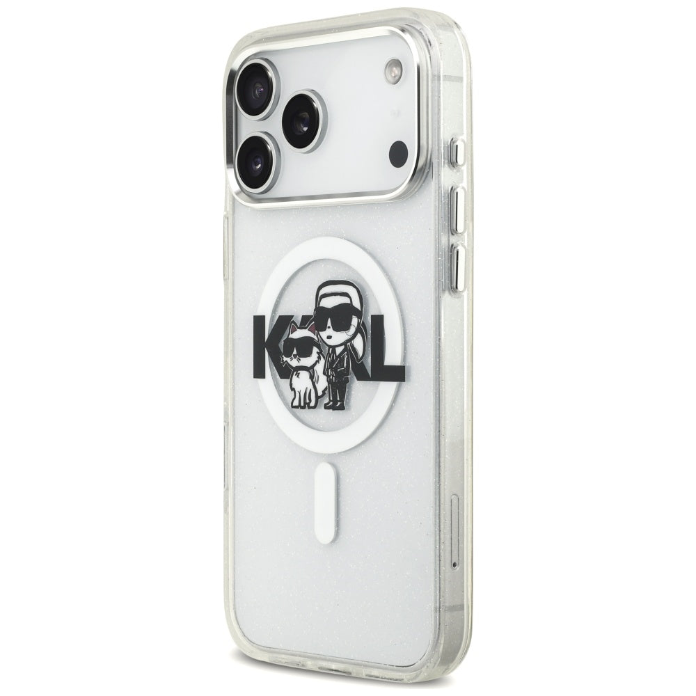 Θήκη MagSafe για Apple iPhone 17 Pro Max, Karl Lagerfeld, IML Sketch Logo Glitter Karl & Choupette, Διάφανη
