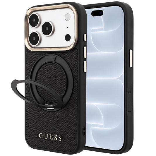 Θήκη MagSafe για Apple iPhone 18 Pro / 17 Pro, Guess, Grained Ring Stand 360 Classic, Μαύρη
