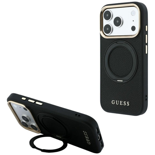 Θήκη MagSafe για Apple iPhone 18 Pro / 17 Pro, Guess, Grained Ring Stand 360 Classic, Μαύρη