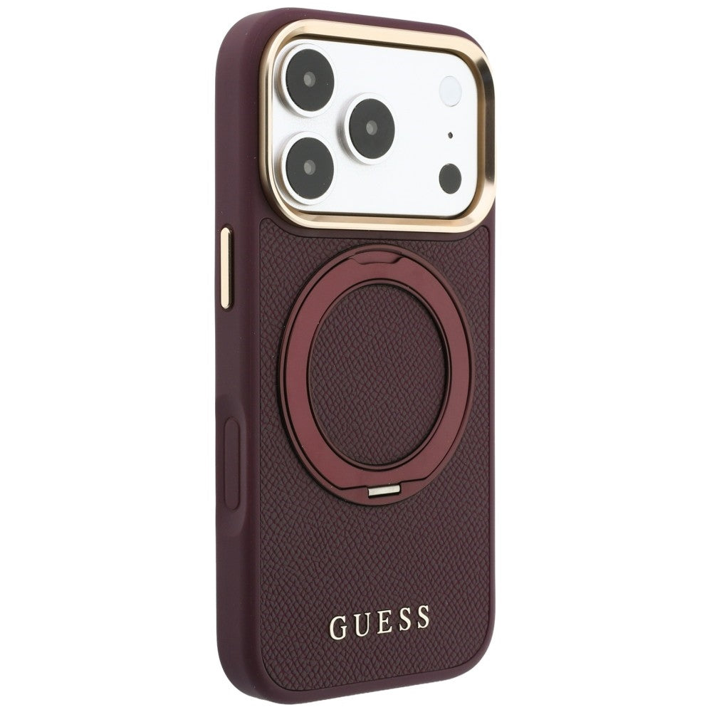 MagSafe Case for Apple iPhone 18 Pro / 17 Pro, Guess Grained Ring Stand 360 Classic, Burgundy