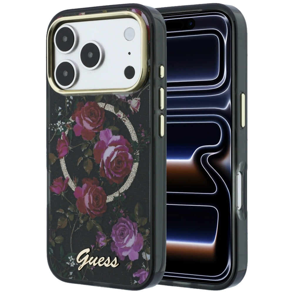 Θήκη MagSafe για Apple iPhone 18 Pro / 17 Pro, Guess, IML Glitter Blossom Roses, Μαύρο