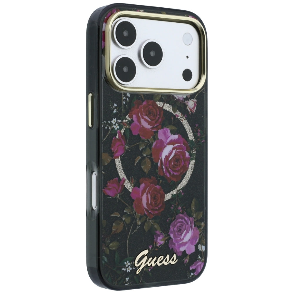 Θήκη MagSafe για Apple iPhone 18 Pro / 17 Pro, Guess, IML Glitter Blossom Roses, Μαύρο