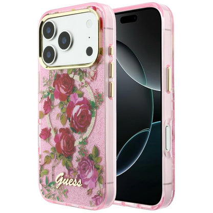 Θήκη MagSafe για Apple iPhone 18 Pro / 17 Pro, Guess, IML Glitter Blossom Roses, Ροζ