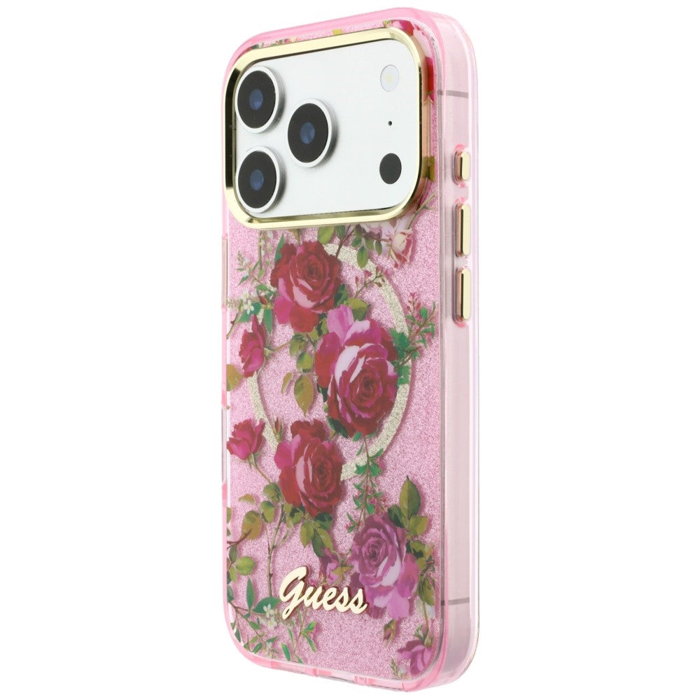 Θήκη MagSafe για Apple iPhone 18 Pro / 17 Pro, Guess, IML Glitter Blossom Roses, Ροζ
