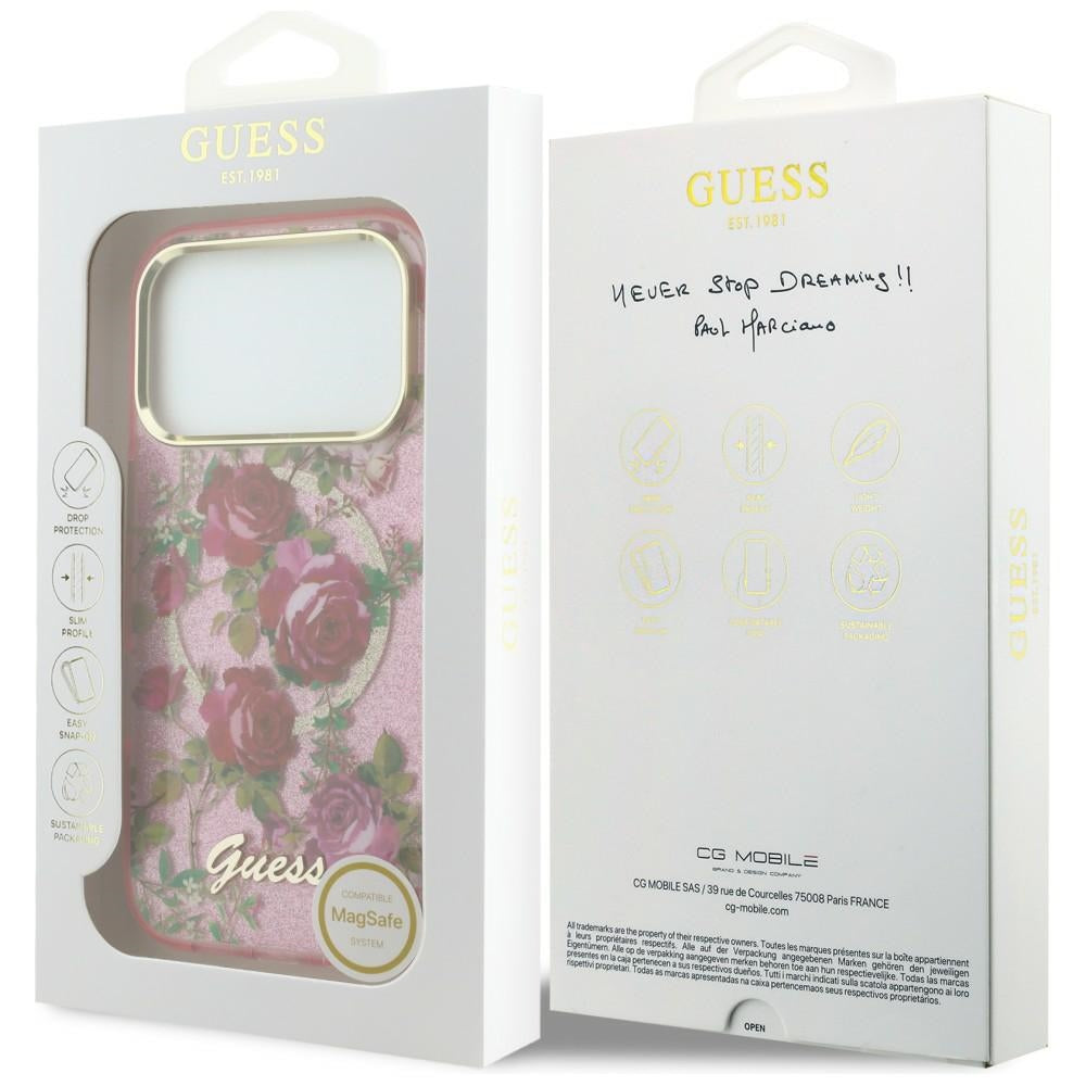 Θήκη MagSafe για Apple iPhone 18 Pro / 17 Pro, Guess, IML Glitter Blossom Roses, Ροζ