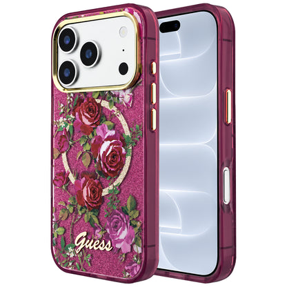 Θήκη MagSafe για Apple iPhone 18 Pro / 17 Pro, Guess, IML Glitter Blossom Roses, Βυσσινί