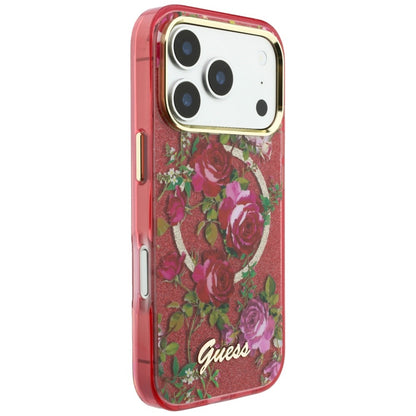 Θήκη MagSafe για Apple iPhone 18 Pro / 17 Pro, Guess, IML Glitter Blossom Roses, Βυσσινί