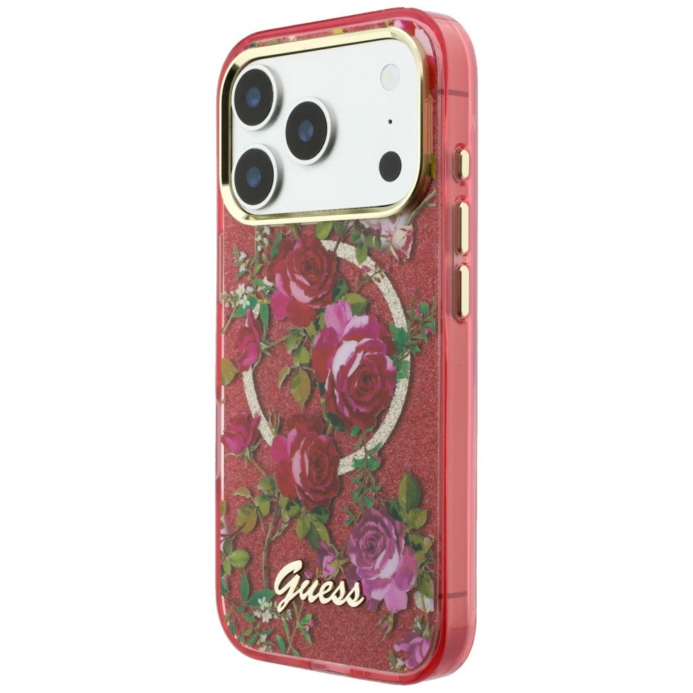 Θήκη MagSafe για Apple iPhone 18 Pro / 17 Pro, Guess, IML Glitter Blossom Roses, Βυσσινί
