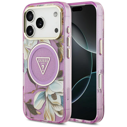 Θήκη MagSafe για Apple iPhone 18 Pro / 17 Pro, Guess, IML Metal Glitter Flowers Triangle, Μωβ