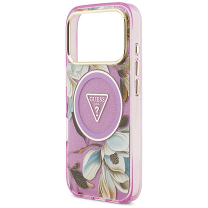 Θήκη MagSafe για Apple iPhone 18 Pro / 17 Pro, Guess, IML Metal Glitter Flowers Triangle, Μωβ