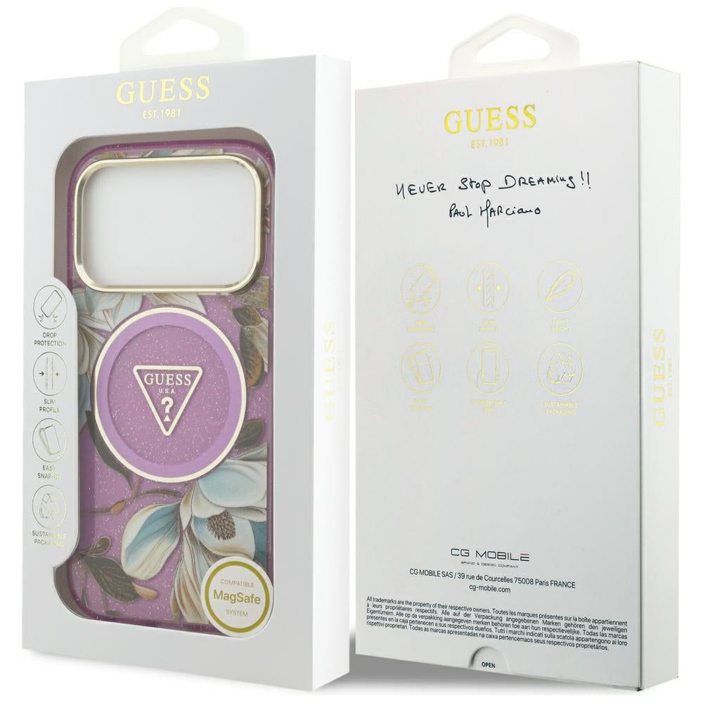 Θήκη MagSafe για Apple iPhone 18 Pro / 17 Pro, Guess, IML Metal Glitter Flowers Triangle, Μωβ
