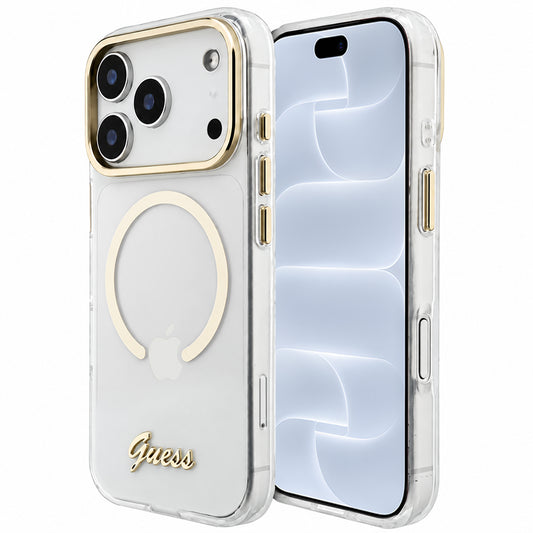 Θήκη MagSafe για Apple iPhone 18 Pro / 17 Pro, Guess, IML Script Metal, διάφανη
