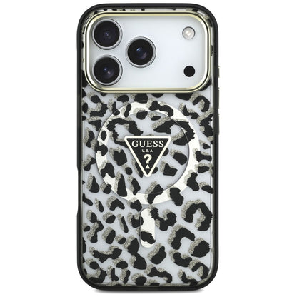 Θήκη MagSafe για Apple iPhone 18 Pro / 17 Pro, Guess, Leopard Glitter Triangle Logo, Μαύρη