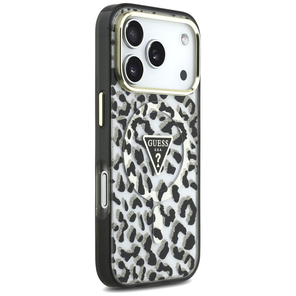 Θήκη MagSafe για Apple iPhone 18 Pro / 17 Pro, Guess, Leopard Glitter Triangle Logo, Μαύρη