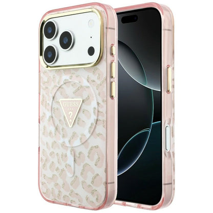 Θήκη MagSafe για Apple iPhone 18 Pro / 17 Pro, Guess, Leopard Glitter Triangle Logo, Ροζ