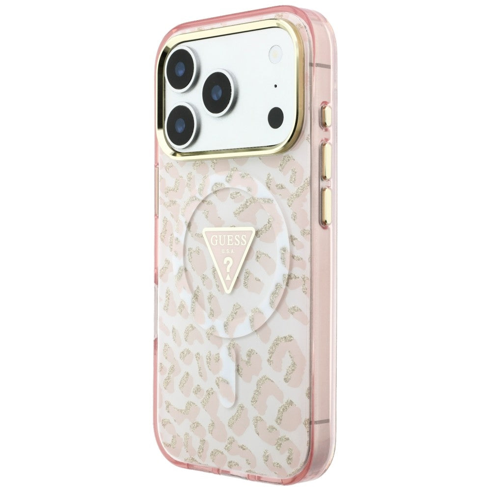 Θήκη MagSafe για Apple iPhone 18 Pro / 17 Pro, Guess, Leopard Glitter Triangle Logo, Ροζ