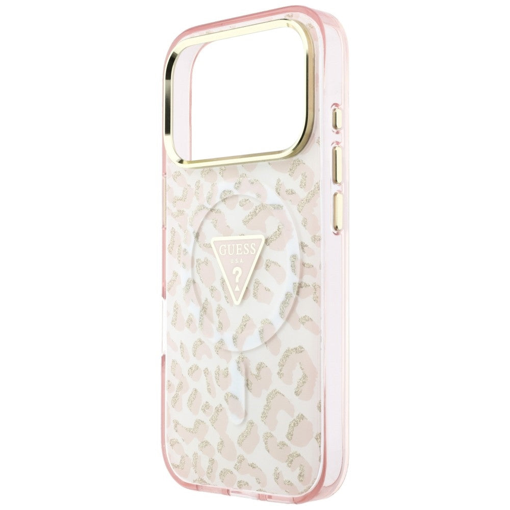Θήκη MagSafe για Apple iPhone 18 Pro / 17 Pro, Guess, Leopard Glitter Triangle Logo, Ροζ