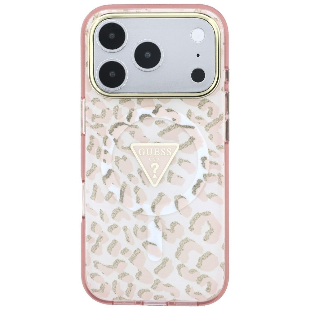 Θήκη MagSafe για Apple iPhone 18 Pro / 17 Pro, Guess, Leopard Glitter Triangle Logo, Ροζ