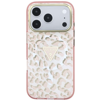 Θήκη MagSafe για Apple iPhone 18 Pro / 17 Pro, Guess, Leopard Glitter Triangle Logo, Ροζ