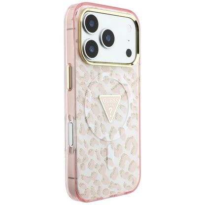 Θήκη MagSafe για Apple iPhone 18 Pro / 17 Pro, Guess, Leopard Glitter Triangle Logo, Ροζ