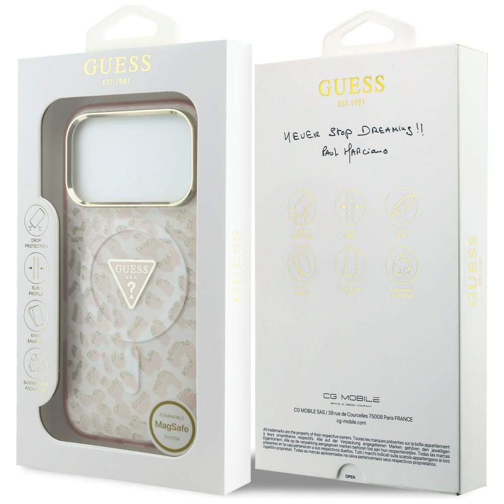 Θήκη MagSafe για Apple iPhone 18 Pro / 17 Pro, Guess, Leopard Glitter Triangle Logo, Ροζ