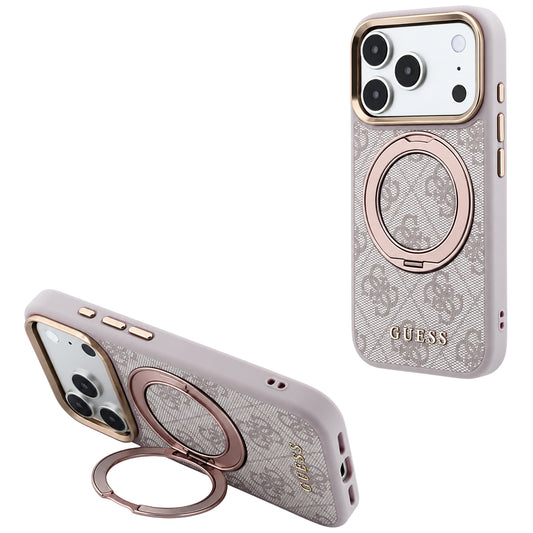 Θήκη MagSafe για Apple iPhone 18 Pro / 17 Pro, Guess, Ring Stand 360 4G Classic Logo, Ροζ