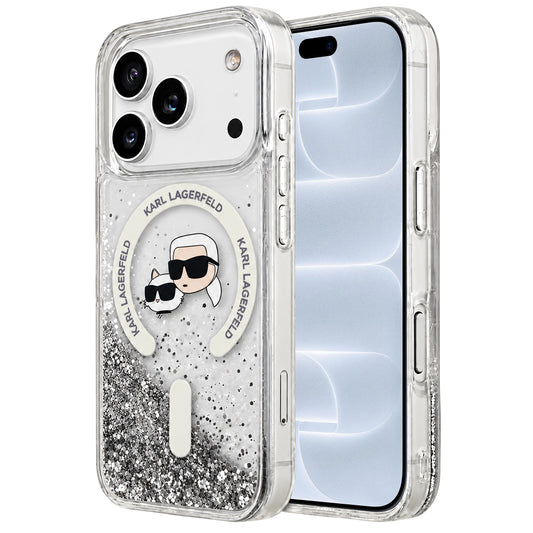 Θήκη MagSafe για Apple iPhone 18 Pro / 17 Pro, Karl Lagerfeld, Liquid Glitter Karl & Choupette Head's, Διαφανής