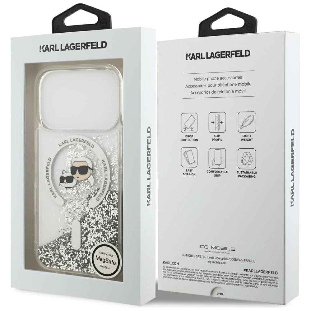 Θήκη MagSafe για Apple iPhone 18 Pro / 17 Pro, Karl Lagerfeld, Liquid Glitter Karl & Choupette Head's, Διαφανής