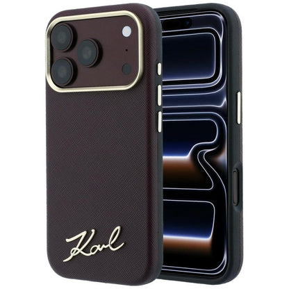 Θήκη MagSafe για Apple iPhone 18 Pro / 17 Pro, Karl Lagerfeld, Saffiano Small Script Metal Logo, Βυσσινί