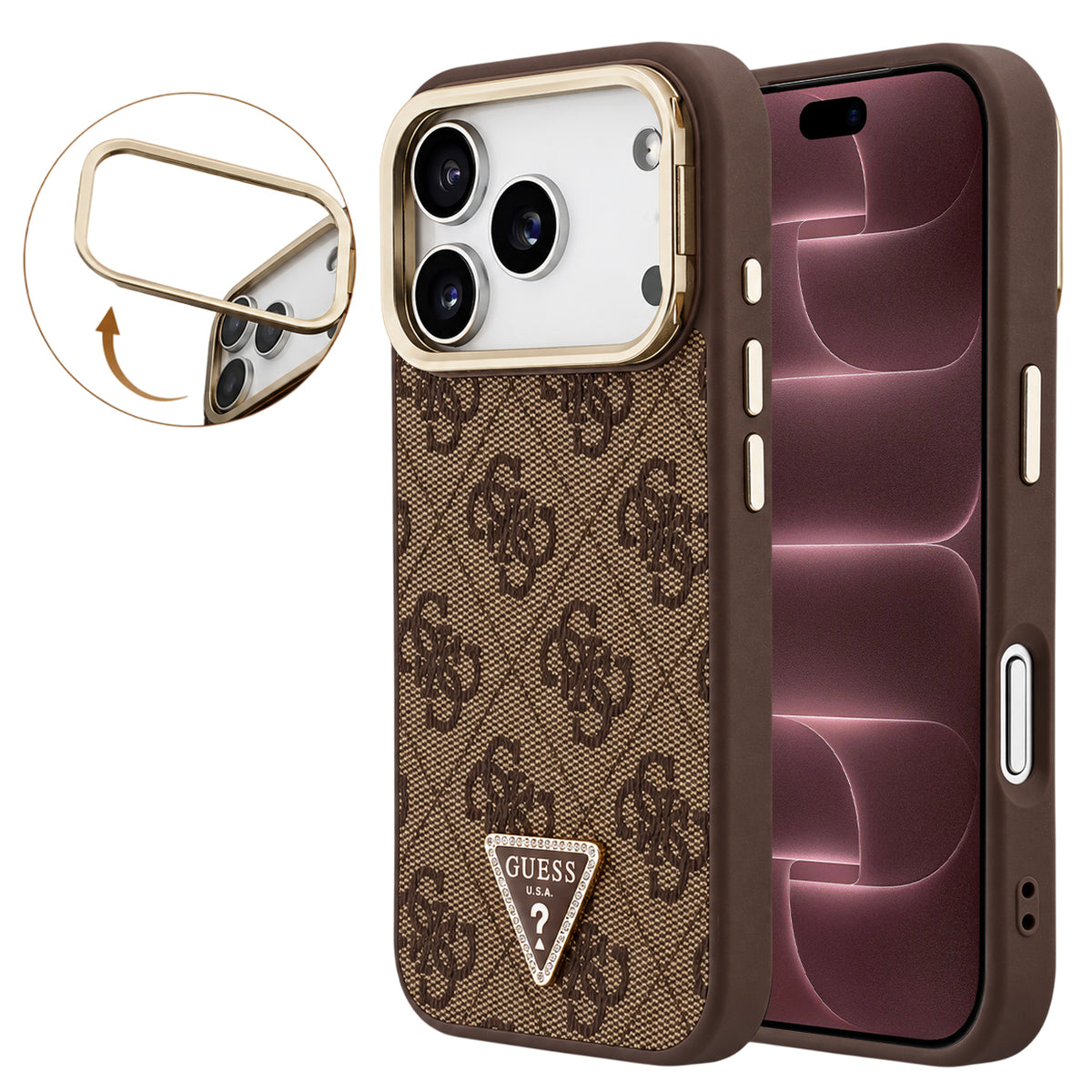 Θήκη MagSafe για Apple iPhone 18 Pro Max / 17 Pro Max, Guess, 4G Triangle Logo & Stand Camera, Καφέ