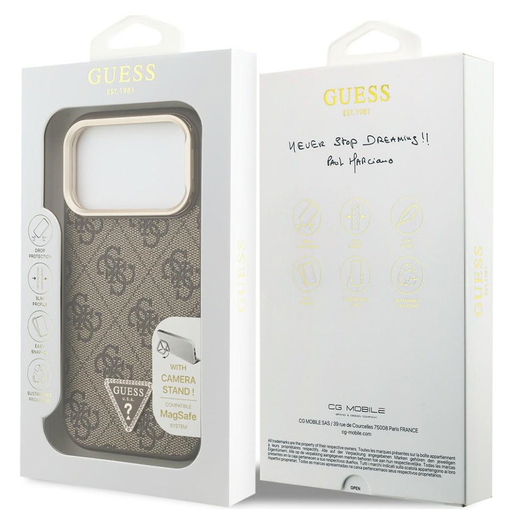 Θήκη MagSafe για Apple iPhone 18 Pro Max / 17 Pro Max, Guess, 4G Triangle Logo & Stand Camera, Καφέ