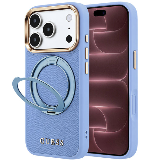 Θήκη MagSafe για Apple iPhone 18 Pro Max / 17 Pro Max, Guess, Grained Ring Stand 360 Classic, Μπλε