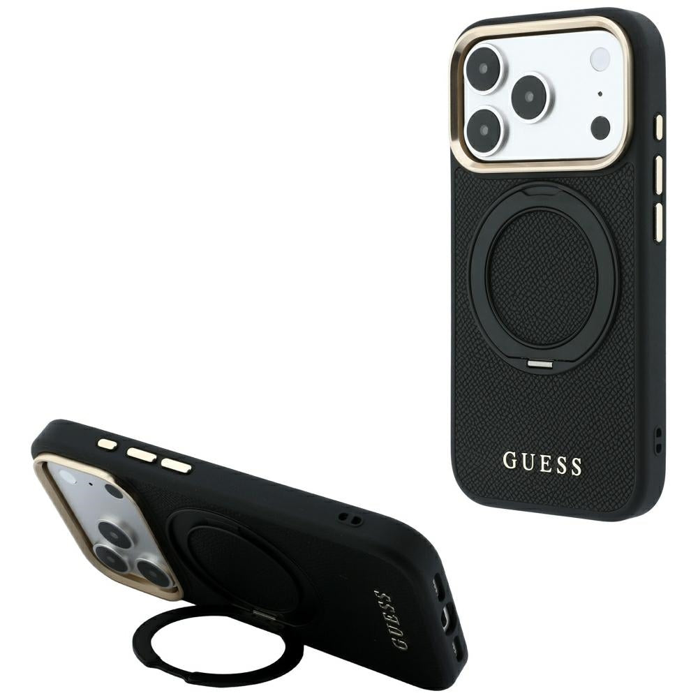 Θήκη MagSafe για Apple iPhone 18 Pro Max / 17 Pro Max, Guess, Grained Ring Stand 360 Classic, Μαύρη