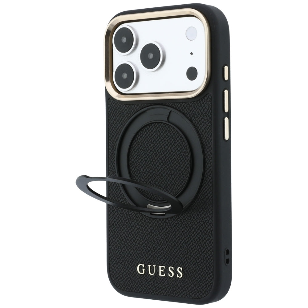 Θήκη MagSafe για Apple iPhone 18 Pro Max / 17 Pro Max, Guess, Grained Ring Stand 360 Classic, Μαύρη