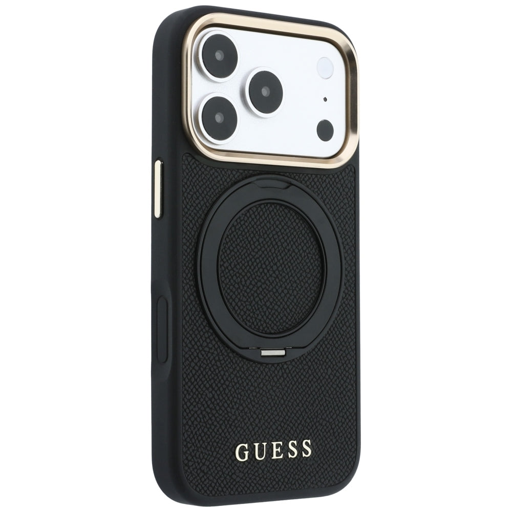 Θήκη MagSafe για Apple iPhone 18 Pro Max / 17 Pro Max, Guess, Grained Ring Stand 360 Classic, Μαύρη