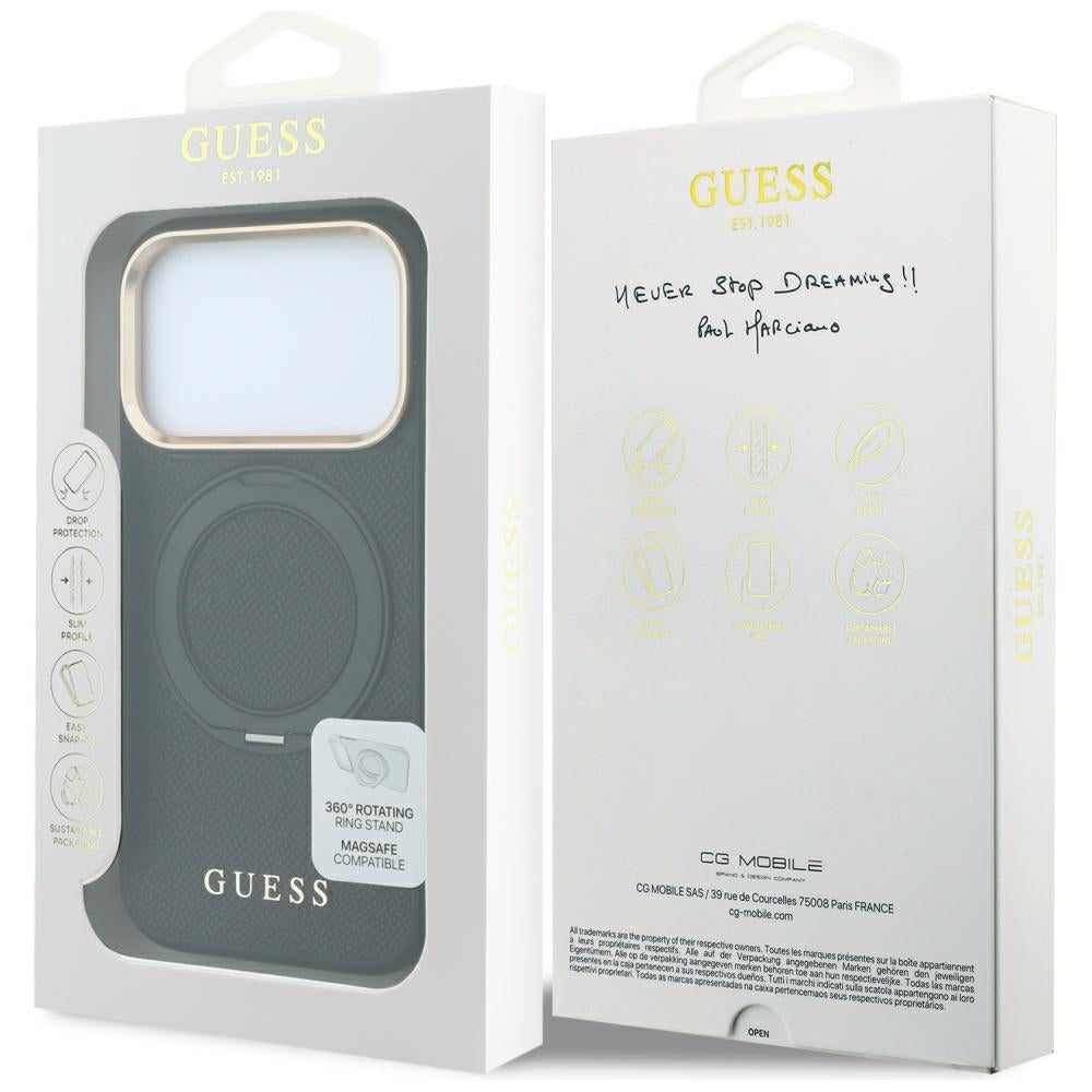 Θήκη MagSafe για Apple iPhone 18 Pro Max / 17 Pro Max, Guess, Grained Ring Stand 360 Classic, Μαύρη