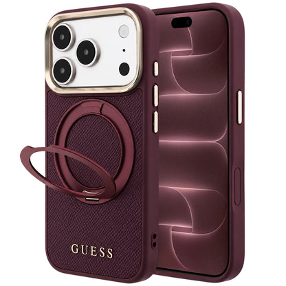 Θήκη MagSafe για Apple iPhone 18 Pro Max / 17 Pro Max, Guess, Grained Ring Stand 360 Classic, Βυσσινί